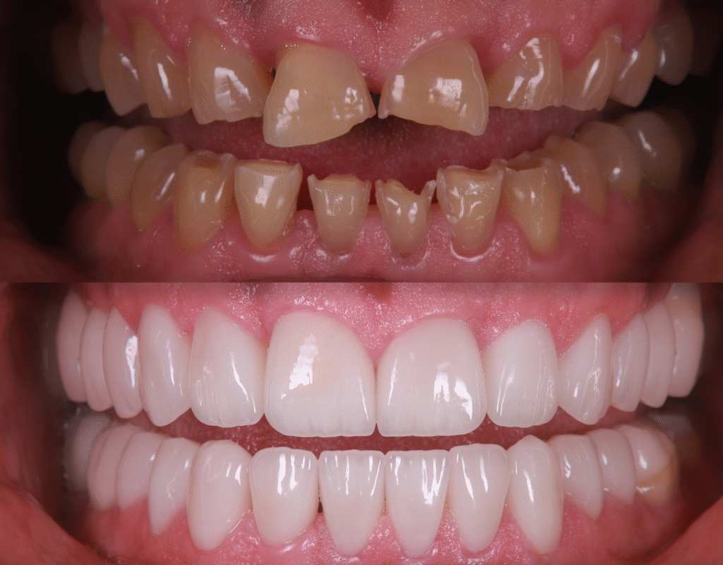 Before & after of teeth damaged by bruxism with worn